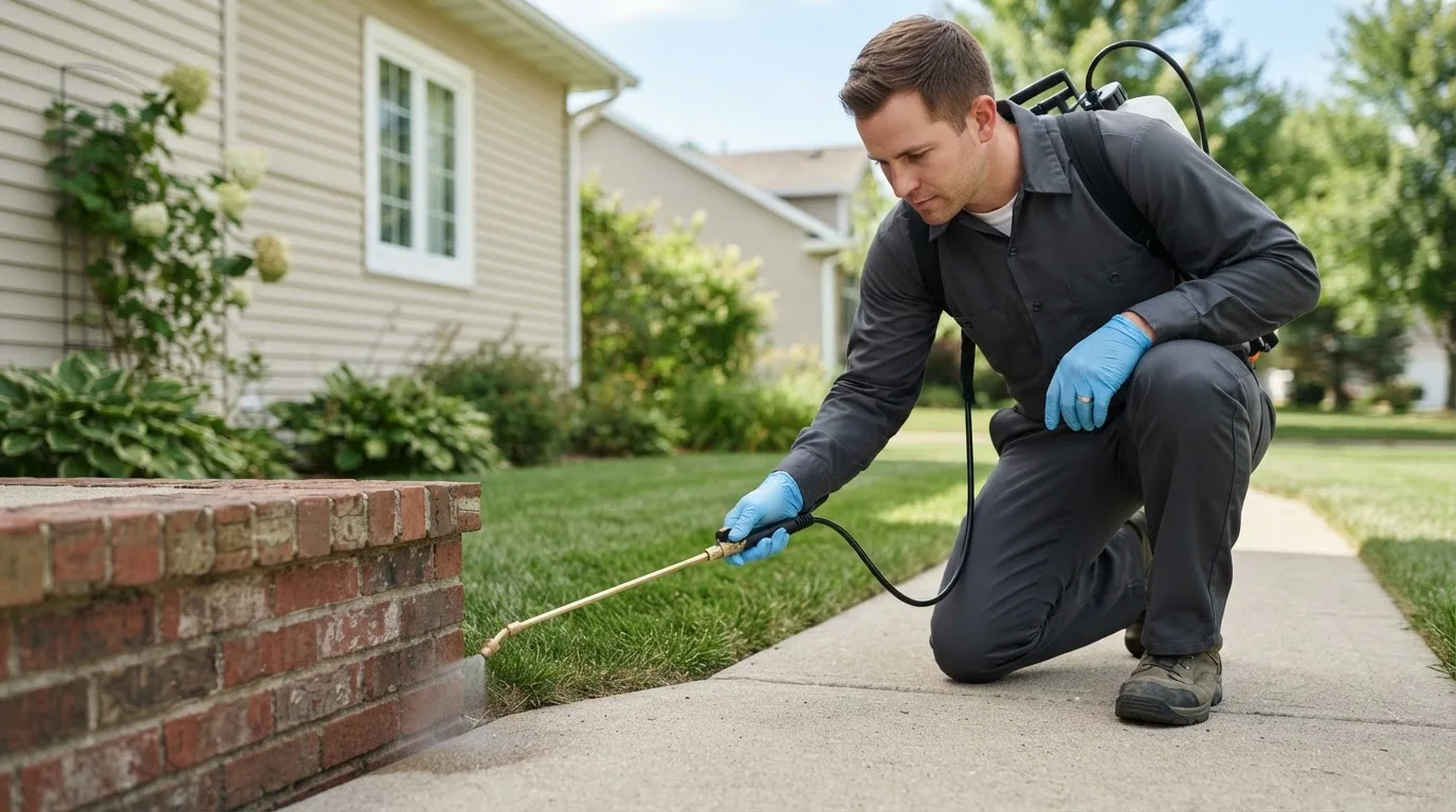Pest control technician treating a home near Blue Earth, MN