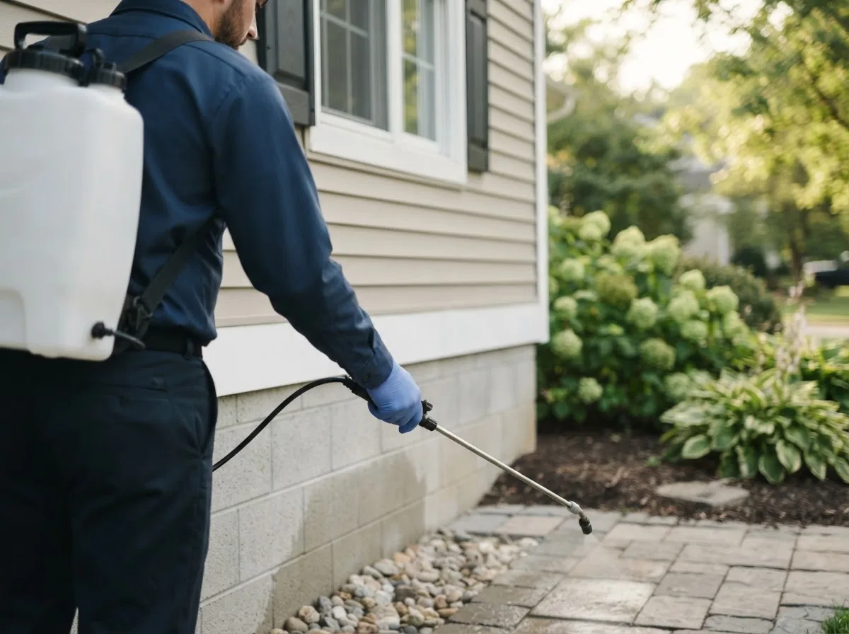 Pest control technician inspecting a home in Blue Earth, MN